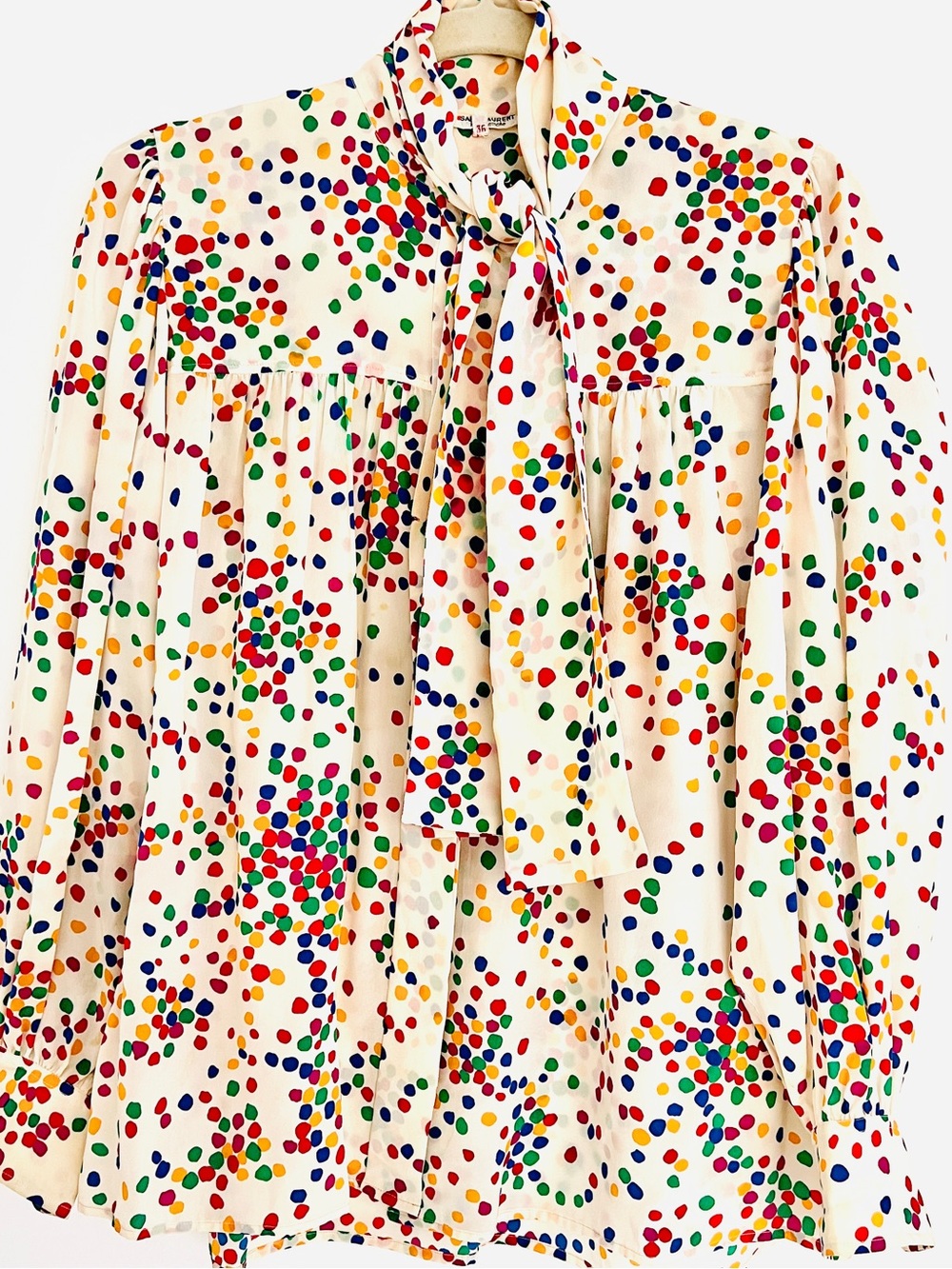 YSL 70s Silk Bow Blouse Multicolor Polka Dot Rive Gauche M